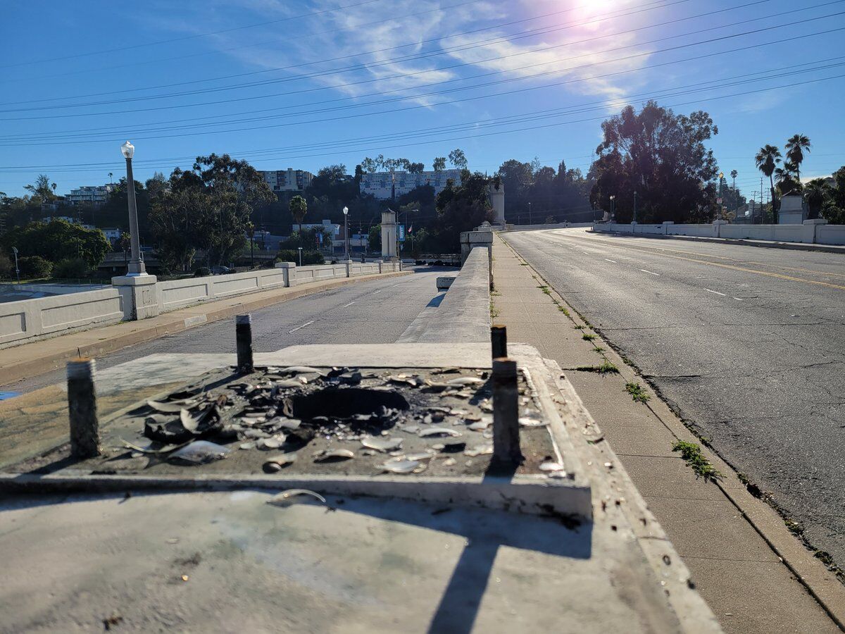 sawed off lamppost bolts on glendale hyperion bridge looking south